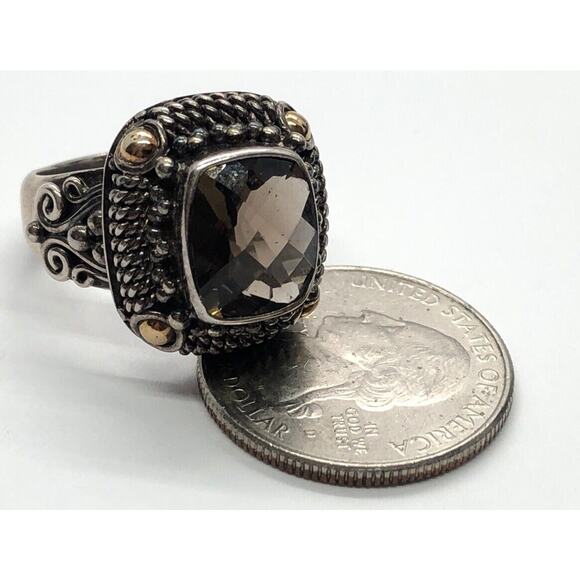 Vintage 18k Yellow Gold Sterling Silver Ring 925 Size 9 Smokey Quartz Bali BA - Picture 8 of 12